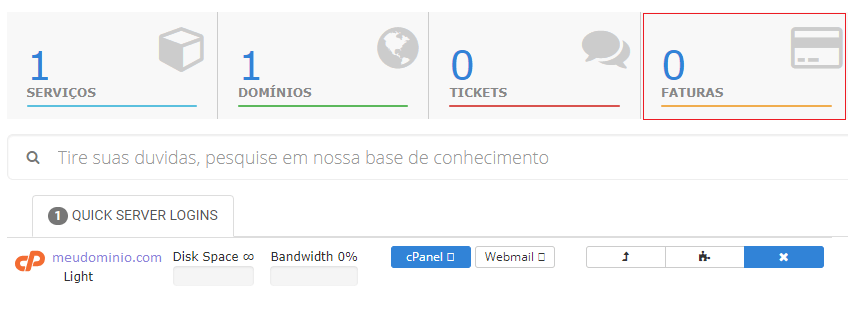 No menu da área do cliente. No menu da área do cliente.
