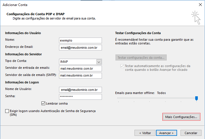 Preencha os dados e clique em Mais configurações.