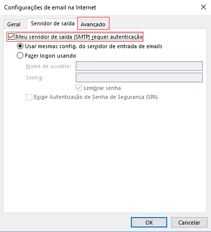 Marque "Meu servidor requer autenticação" > Avançado.