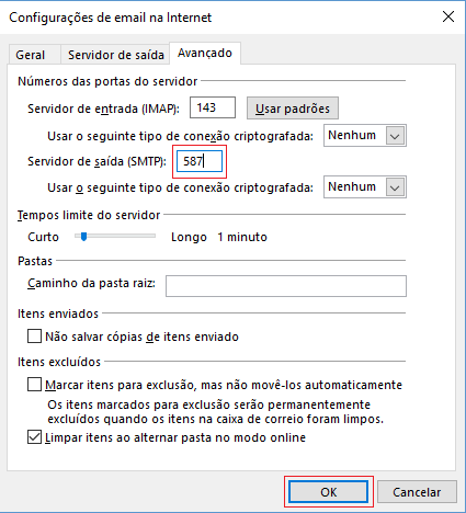 Altere o servidor de saída e clique OK.