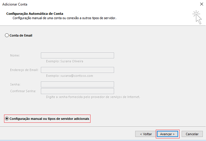 Selecione Configuração manual ou tipos de servidor adicionais > Avançar> .