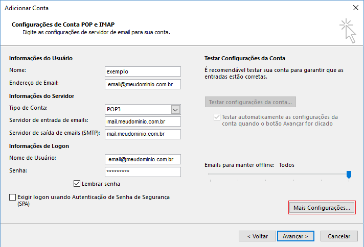 Preencha os dados e clique em Mais configurações.