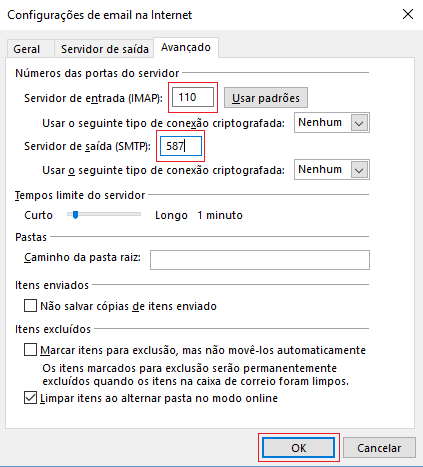 Altere o servidor de saída e clique OK.
