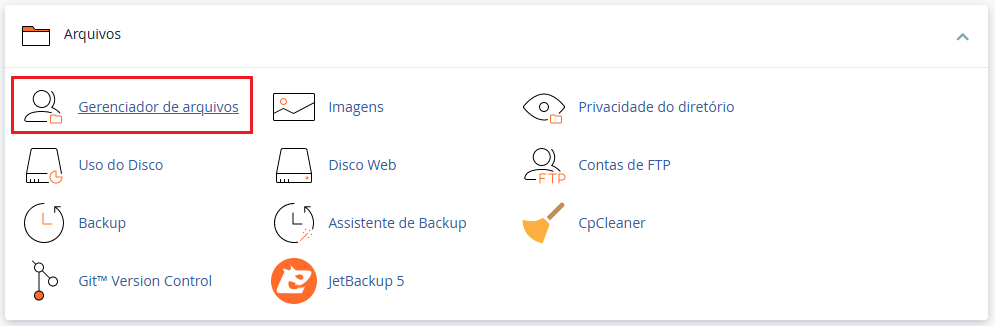 Aba EMAIL do CPanel. Na aba Arquivos do cPanel.