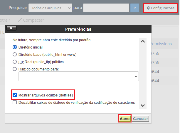 Suspendendo a conta. Opte por exibir os arquivos ocultos e salve.