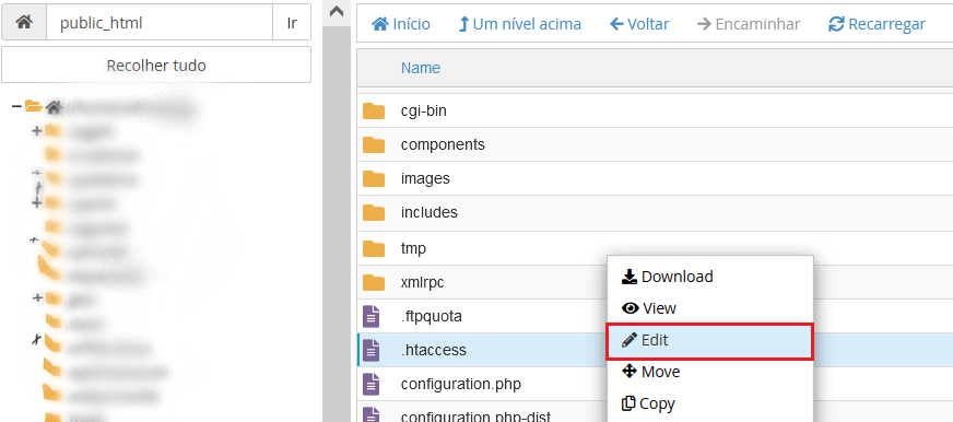 Mensagem de êxito. Abra o arquivo .htaccess para edição.