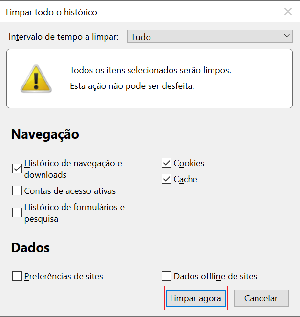 Marque a opção de cache e clique em Limpar agora.