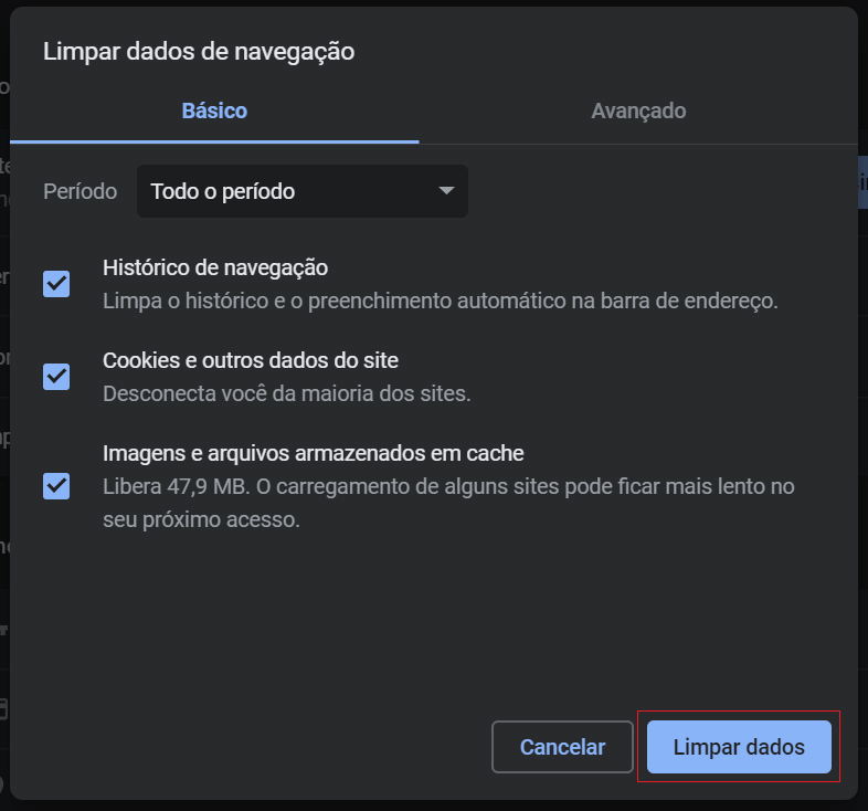 Marque "Imagens e arquivos armazenados em cache" e clique em Limpar dados.