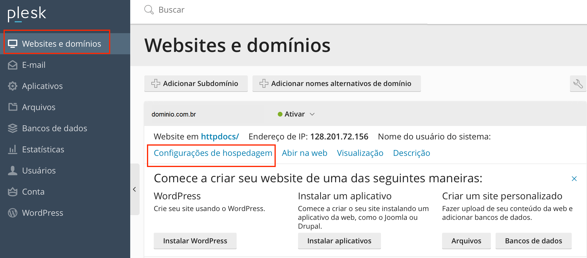 Insira https://meudominio.com.br:8443 e pressione enter.