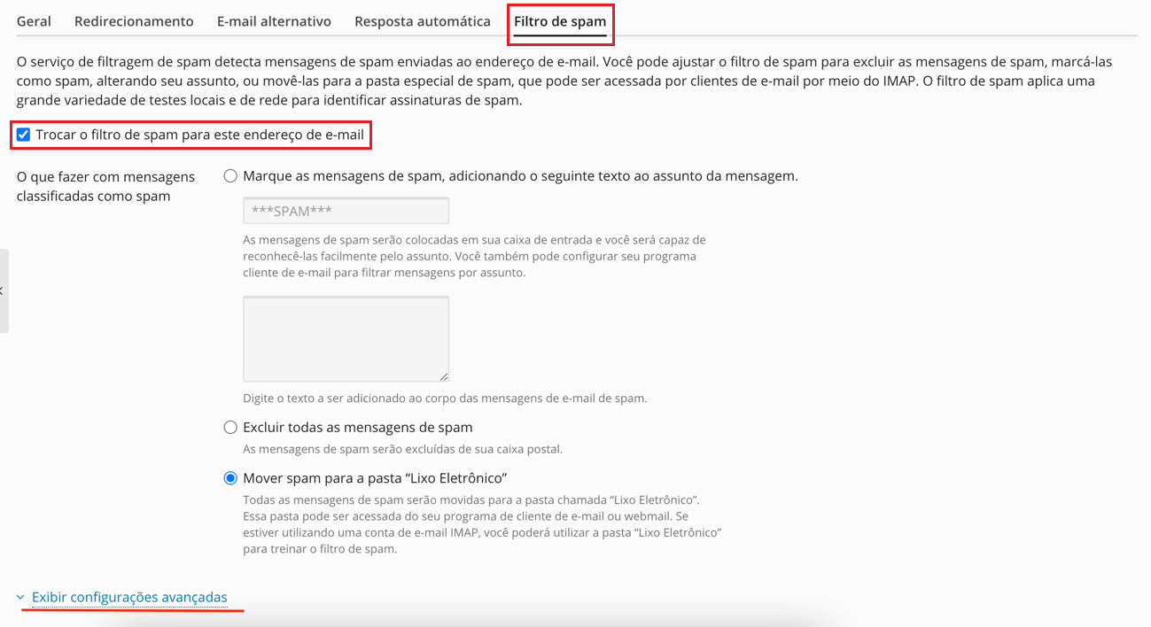 Selecione a aba Filtro de spam, marque a caixa e exiba as configurações avançadas..