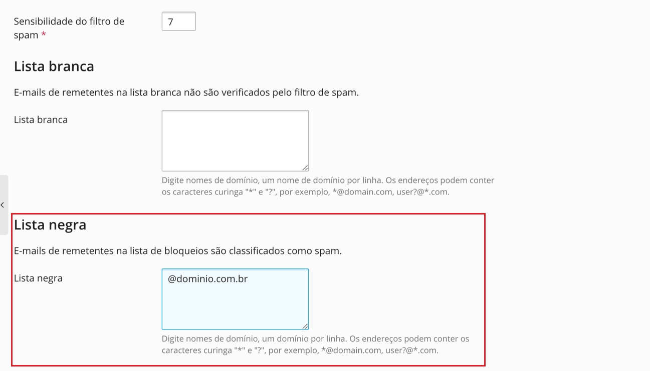 Em Lista negra, informe os endereços a serem bloqueados.