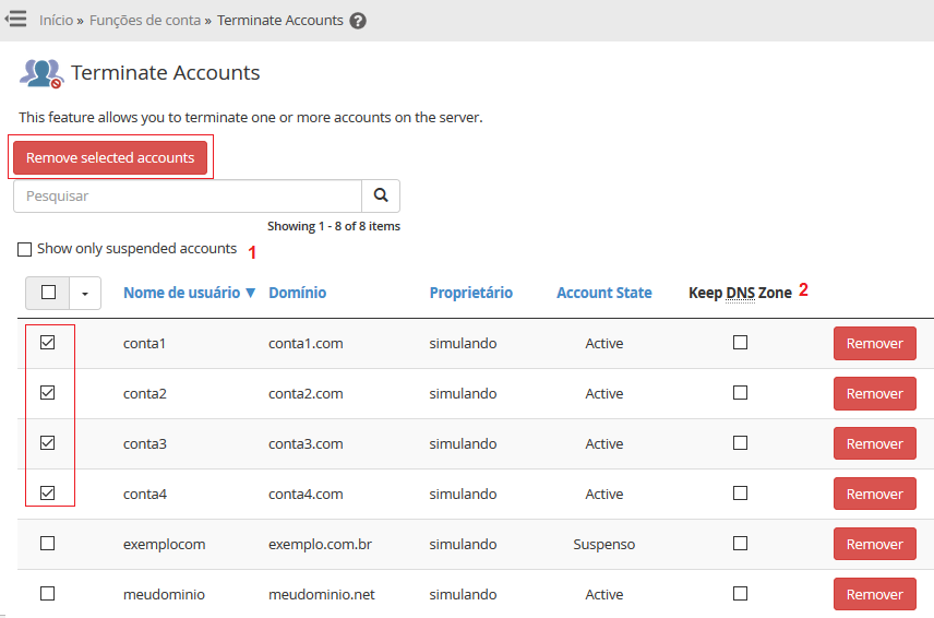 Selecione as contas desejadas e pressione Remove selected accounts.