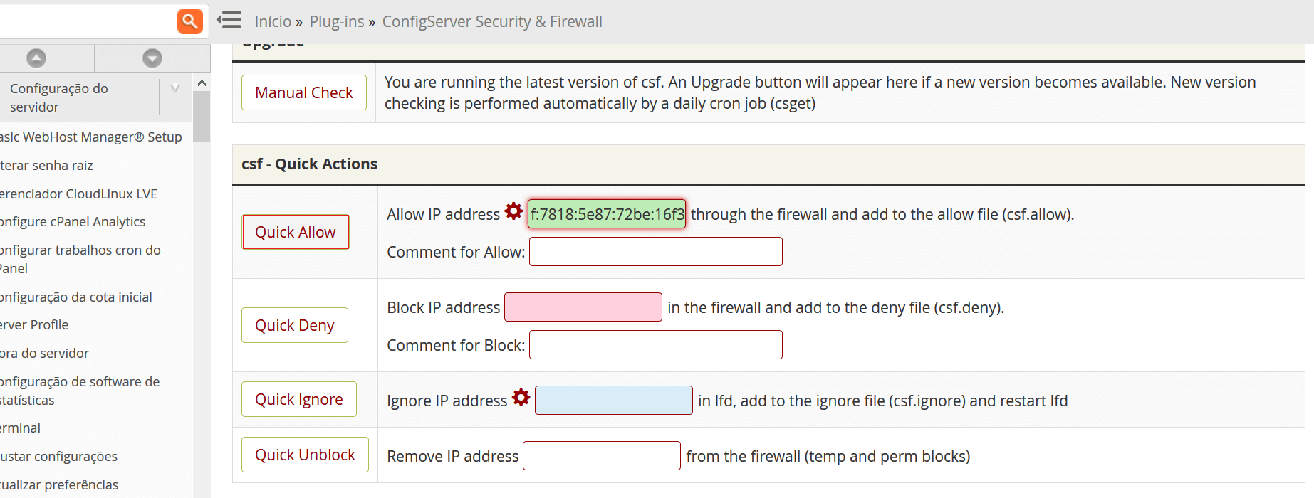 Informe o endereço IP e clique em Quick Allow.